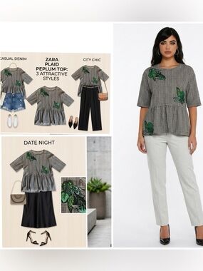 ZARA Trafaluc Plaid Peplum Top Green Tropical Leaf Embroidery Size M